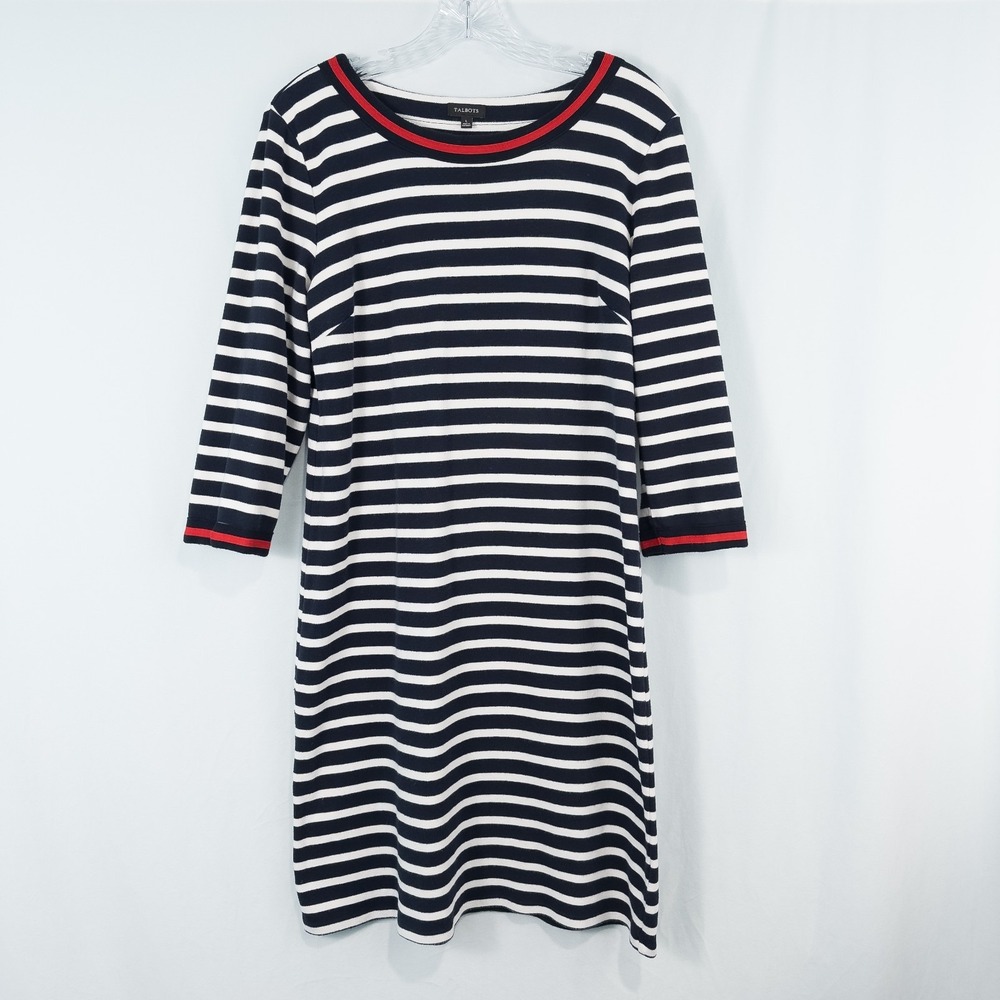Talbots Nautical Striped 3/4 Sleeve Cotton Knit Shift Dress Size L Navy White